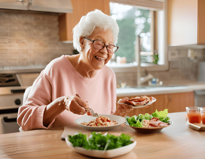 A senior enjoys a balanced meal featuring bacon, prepared by a private in-home caregiver in a cozy, well-lit kitchen.