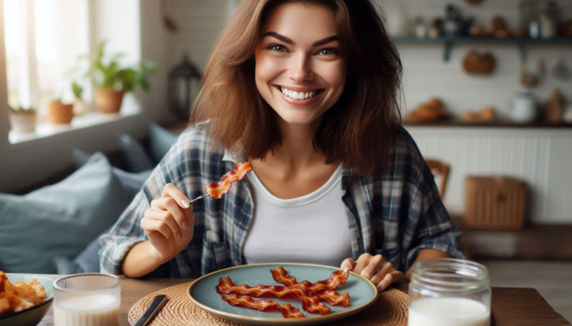 A woman with brown hair in a casual setting smiles as she enjoys crispy bacon on a plate at a breakfast table.